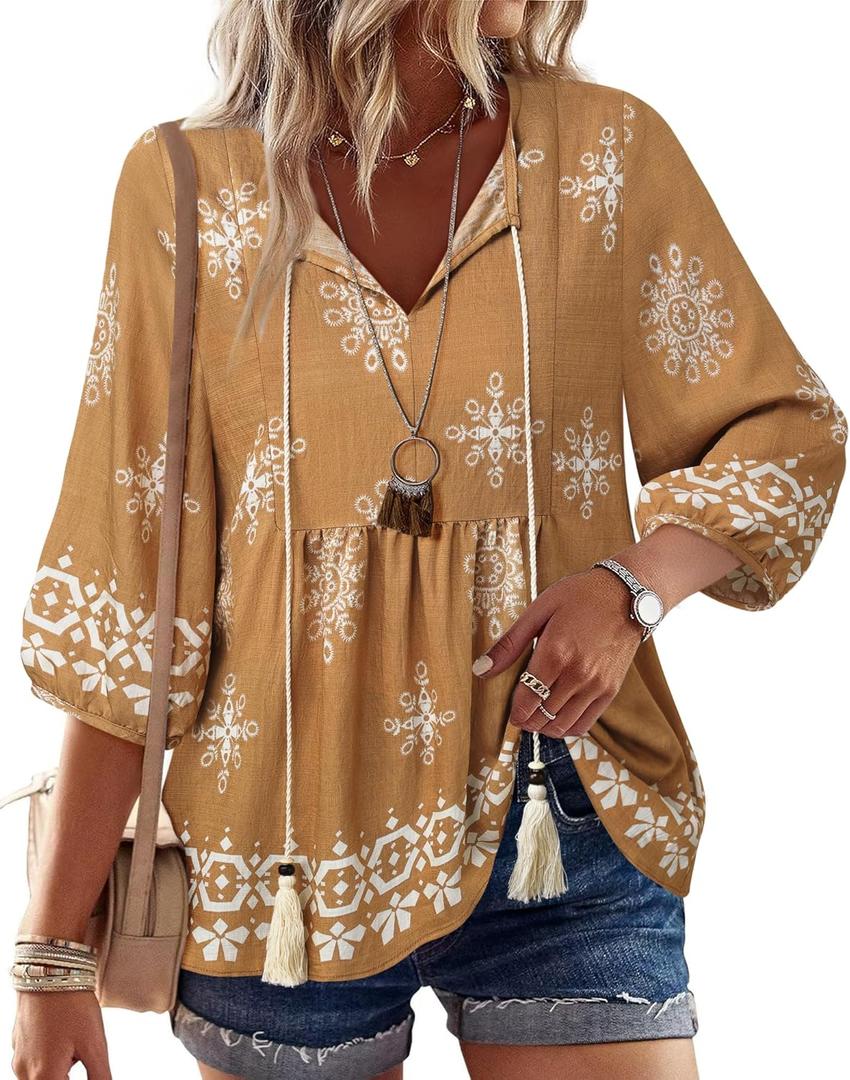 Vivilli Womens Summer Boho Baby doll Tops 3/4 Sleeve Pleated Peplum Blouses Casual V Neck Tie Front Fall Tunic Tops (XX-Large, Multi Brown)
