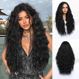 26 Inch Long Curly Wigs for Women, Water Wave Black Wig Middle Part Heat Resistant Natural Looking Synthetic Wig for Daily Party Use
