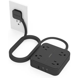 TESSAN Surge Protector Flat Extension Cord 10Ft, Flat Plug Power Strip with 4 Outlets 3 USB Ports (1 USB C), 900 Joules Protection, Multiple Wall Outlet Extender Suitable for Home Office Dorm, Black