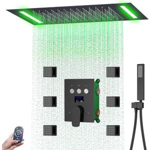 Digital Display Shower Faucet Set With 14x20 Inch LED Rainfall Shower Head,Brass Handheld Sprayer And 6pcs Body Jets,Full Body Shower System (Matte Black)
