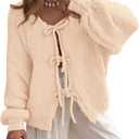 PRETTYGARDEN Women's Tie Front Bow Cardigan Sweaters Chunky Knit Long Puff Sleeve Trendy Fall Winter Jacket Coats, Size L