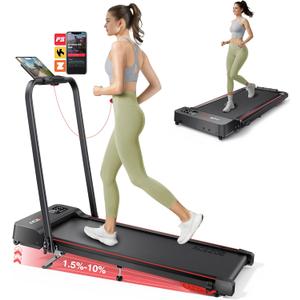 2-in-1 Foldable Treadmill with 3-Level 10% Incline, Walking Pad for Home Small Office, Compact Portable Under Desk Treadmill with Handle,Dual LED Display, APP & Remote, 300 lbs Capacity (Red)