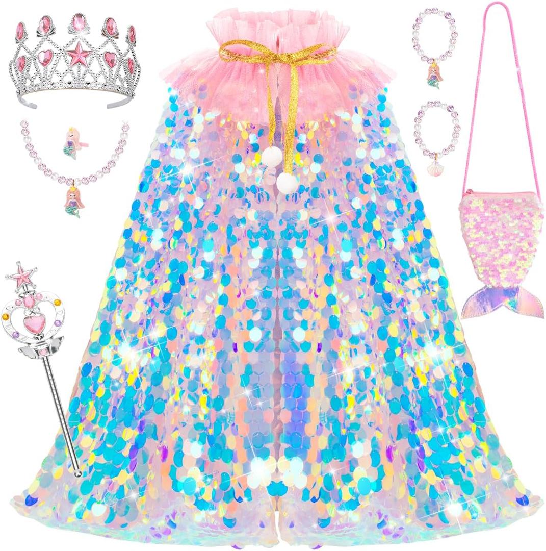 Meland Princess Dress Up for Girls 3-8, 11Pcs Mermaid Cape with Crown, Dress Up Clothes Birthday Gift Toys for Girls Toddlers (Pink)