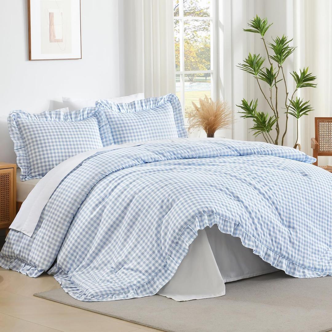 Andency Blue Gingham Ruffle Comforter Full (79x90Inch), 3 Pieces(1 Ruffled Comforter and 2 Pillowcases) Solid Farmhouse Shabby Chic Bed, Vintage Rustic Soft Polyester Bedding Set