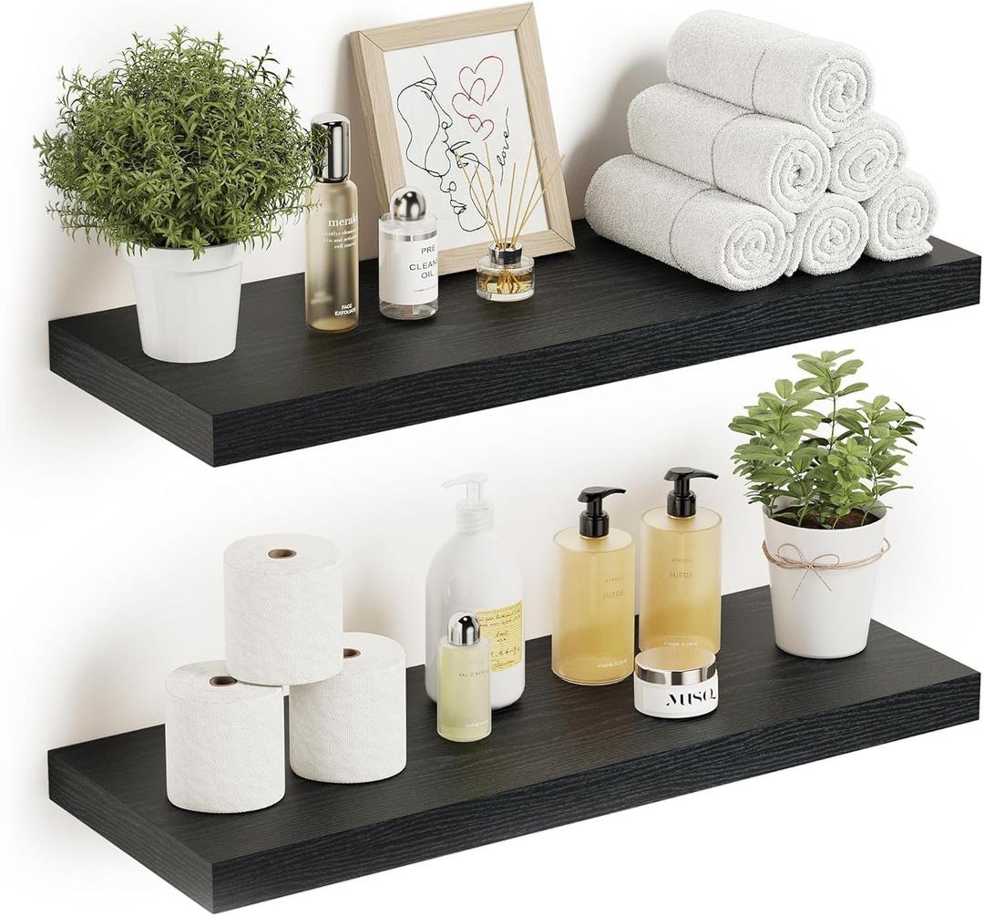 Vivelove Black Floating Shelves for Wall Mounted, 24 inchs x 9.1 Deep x 1.6 Thick Wall Shelves for Bedroom, Living Room, BathroomKitchen, Office, Home Decor Shelf with Invisible Bracket - Set of 2