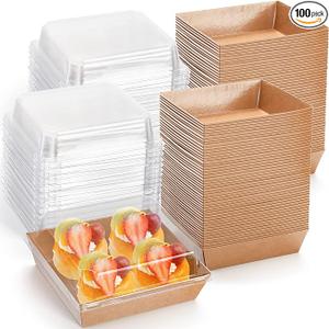 Hiceeden 100 Pack Charcuterie Boxes with Clear Lids, 5.4"×5"×2.5" Paper Bakery Dessert Sandwich Box, Disposable Square Food Containers for Cookies, Donuts, Muffins, Salad, and Pastry, Brown