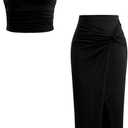 Verdusa Women's 2 Piece Vacation Outfits Ruched Crop Halter Top with Asymmetrical Slit Long Skirt Going Out Sets L