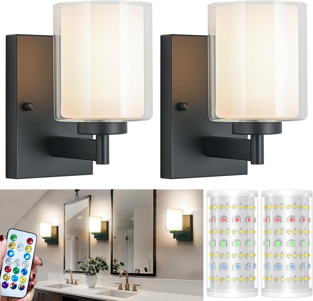 Battery Operated Wall Sconce Set Of 2, 10000mAh Wireless Rechargeable Wall Sconce With Remote Control, RGB Dimmable Bathroom Light Fixtures With Double Clear Glass Shade For Mirror Bedroom Living Room (Black)