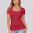 ANRABESS Women Short Sleeve Tops Scoop Neck Ribbed Knit Slim Fitted Basic Tee Shirt Casual Summer Clothes 2026 Spring Outfits (Red, M)