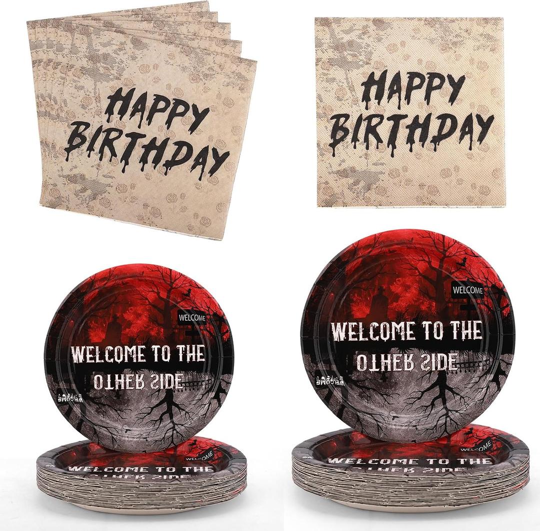 72pcs Party Plates and Napkins, include 2 Sizes 48pcs Welcome to The Other Side Plates & 24pcs Napkins Funny Spooky Theme Tableware Favors Party Supplies for Kids Adults Birthday Decoration Supplies