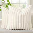 decorUhome Summer Cozy Faux Fur Throw Pillow Covers 20x20 Set of 2 Decorative Soft Plush Striped Modern Farmhouse Boho Couch Pillow Cases with Velvet Back for Sofa Bed Living Room, Cream White
