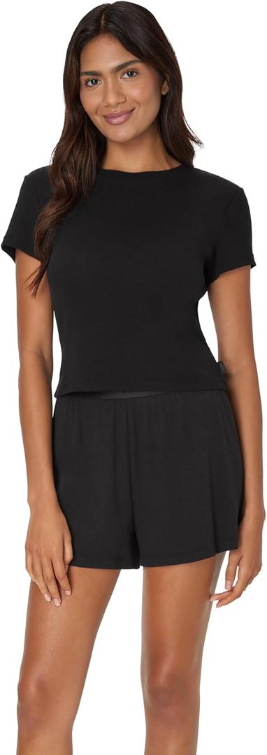 Hanes Women's Originals 2-piece Lounge Set, Supersoft Cropped Baby Doll Tee & Sleep Shorts Loungewear Set, Small, Black/Black