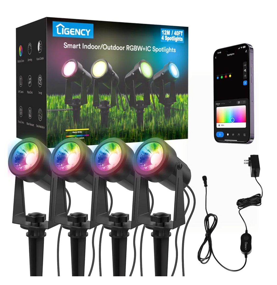 Smart Outdoor Spot Lights 4 Pack – Plug-in 12V DC Powered, 40 Feet RGBW Color Changing Landscape Lighting, IP65 Waterproof, App/Voice/Control Box, for Garden Yard Decor
