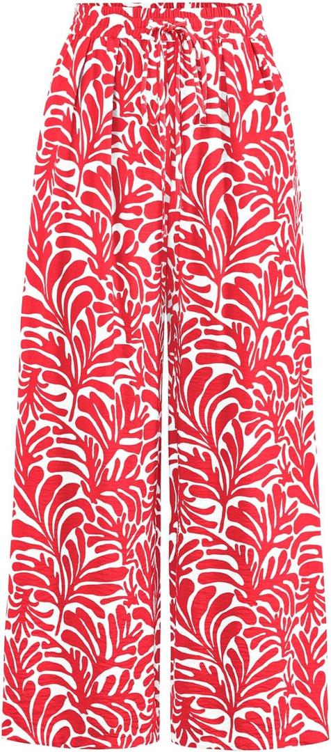 PRETTYGARDEN Womens Pants Elastic Waist Floral Lightweight Palazzo Pants for Women Casual Lounge Wide Leg Pants Woman, M