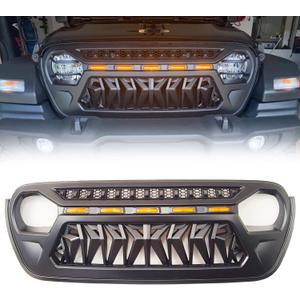 Mesh Grille Front Grill Cover Matte Black with Amber LED Running Lights for 2018 and Up Jeep Wrangler JL JLU JT Gladiator Accessories