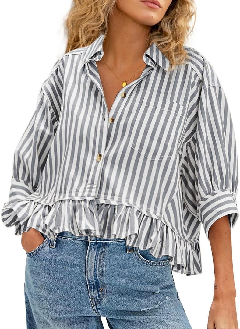 CHYRII Womens Summer Tops Dressy Casual Blouse Top Ruffled Short Sleeve Button Down Striped Shirt (Gray, XL)