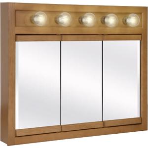 Design House Richland Medicine Cabinet with 5 Lights, Fully Assembled, Wall Mounted, 3 Mirrored Doors, Wood Frame, Oak Finish, 36 in x 5 in x 30 in, 530618-NOK