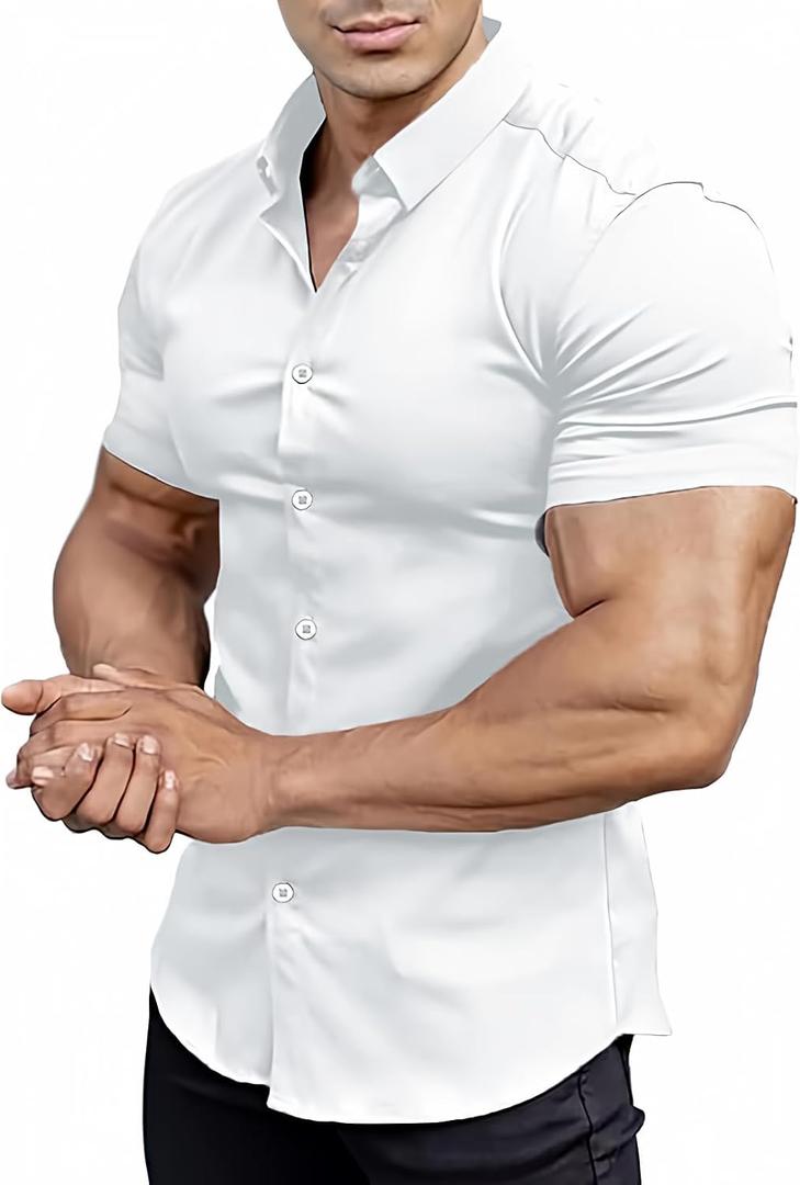 Mens Muscle Fit Dress Shirts Athletic Slim Fit Short Sleeve Stretch Casual Button Down Shirt (White, S)