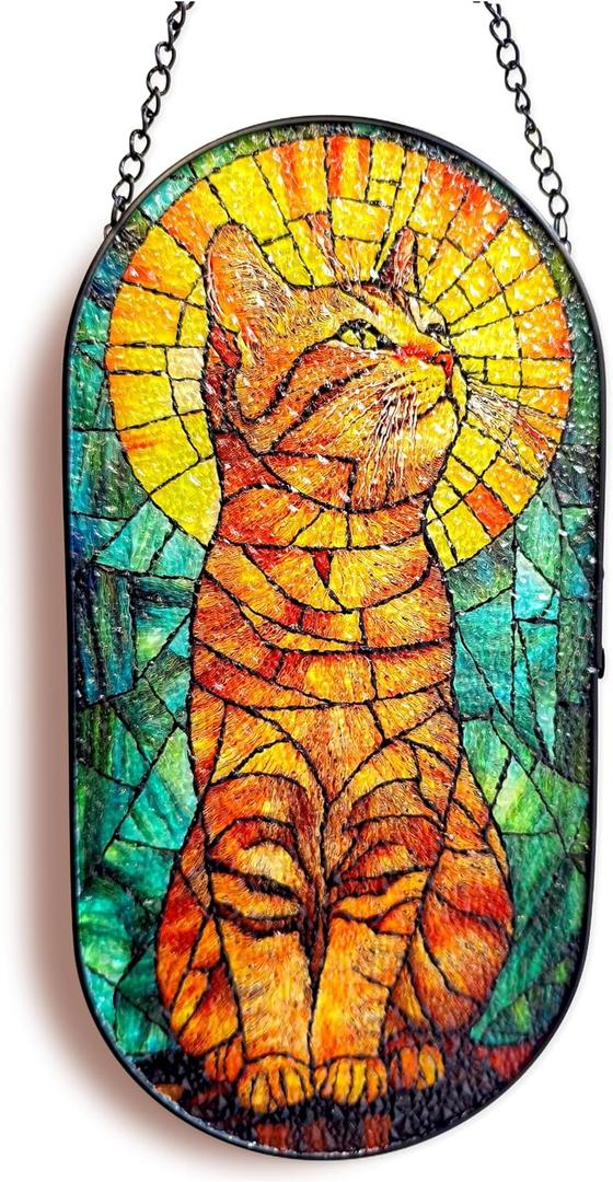 Stained Glass Ginger-Cat Suncatcher Window Hanging, 10.2"x5.1" Oval Handcrafted Glass Panel, Sun Catcher Indoor Outdoor Decor Gifts for Mom Grandma Cat Lovers