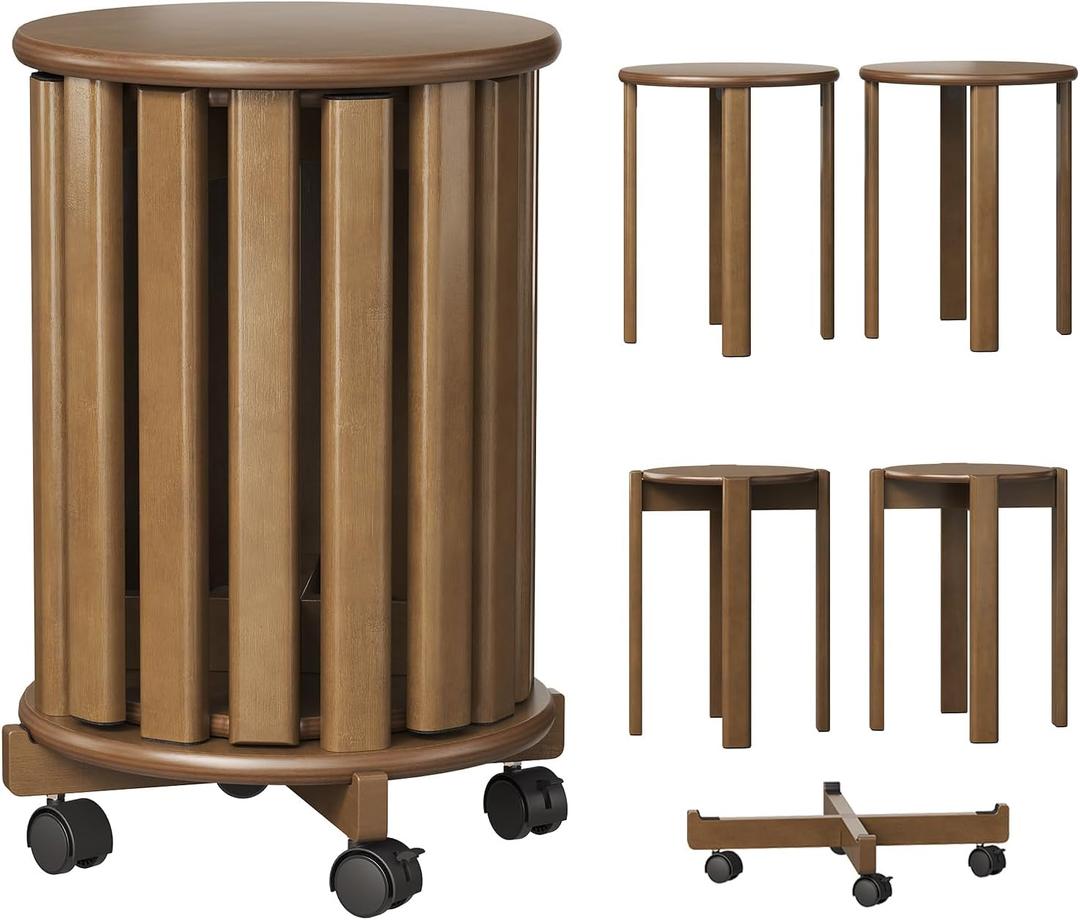 Stackable Stools Set of 4, 4in1 Bamboo Nesting Stools & End Tables with Wheels, 18 Round Portable Barstools NoAssembly Stool for Kitchen Living Room Bar Dorm, Walnut