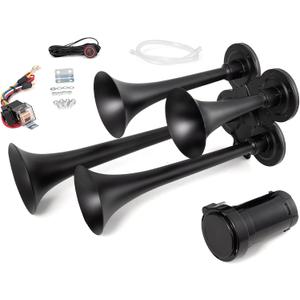 Truck Horn 150dB 4 Trumpet Train Horns Kit for Truck 12V Air Horn for Trucks Super Loud Train Horns with Compressor for VehicleTrain Boat (black with air pump Wire harness and buttons, 12v)