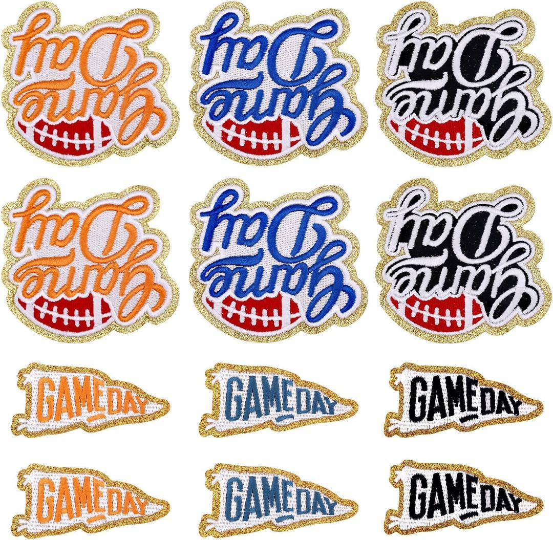12pcs Game Day Patches, 2 Styles Polyester Thread Gold Edges Sports Iron On Patches Creative Embroidery Appliques for DIY Clothes Hats Pants Backpacks (3 Colors)