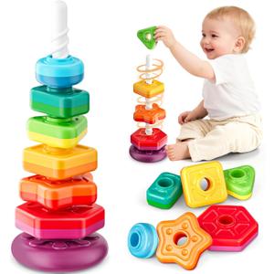 Baby Spinning Stacking Toys for Toddlers 1-3, Sensory Montessori Toys for One Year Old Girl Boy, Rainbow Ring Stacker Tower, Educational Learning Toy, Perfect Christmas Birthday Valentines Gifts