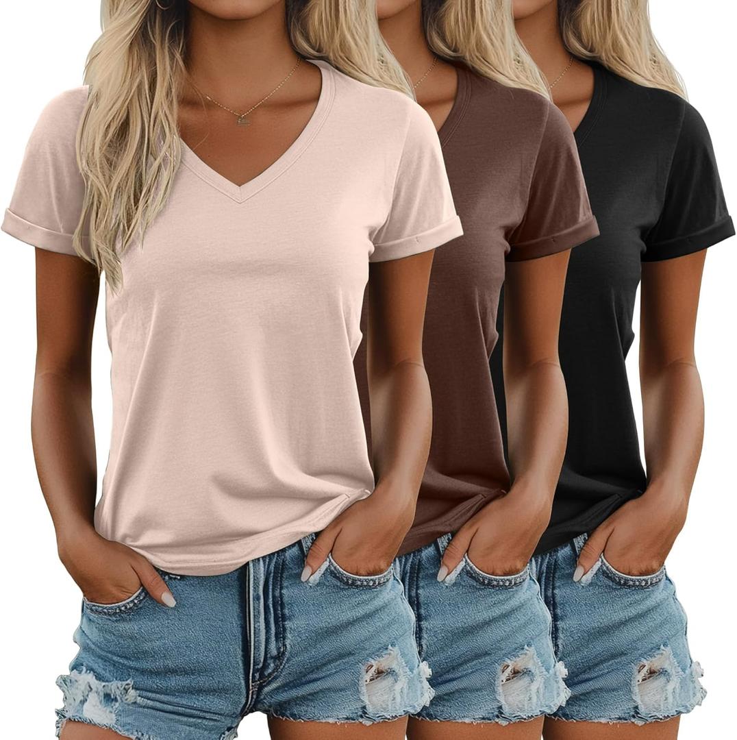 Ficerd 3 Pack Women's V Neck T Shirts, Cotton Summer Casual Short Sleeve Tops Loose Fit Rolled Sleeve Tees 2025 Trendy Shirts (Black, Coffee, Cream), M