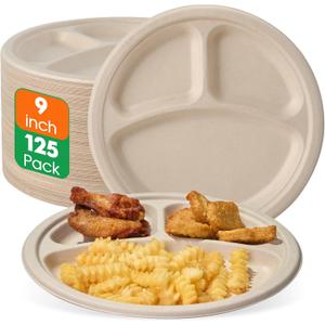 ECOLipak 125 Pack Compostable 3 Compartment Plates, 8.85 inch Heavy-Duty Disposable Paper Plates, Eco-Friendly Biodegradable Sugarcane Bagasse Divided Plates for Dinner (9inch Nature)