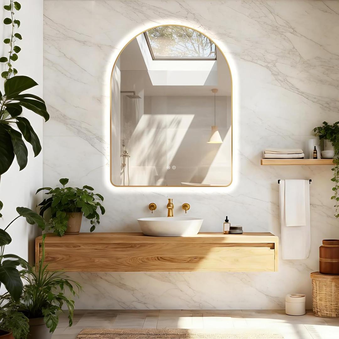 40"x30" Arched LED Bathroom Mirror, Wall Mounted Backlit Mirror with Lights Fog Free Lighted Framed Mirror Smart Anti-Fog 3 Color Temperatures Adjustable Brightness Gold