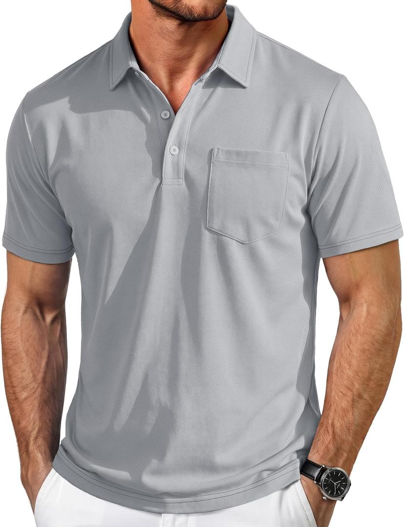 MAGCOMSEN Polo Shirts for Men Short Sleeve Collared Golf Shirt with Pocket Moisture Wicking Quick Dry Performance Polos (Gray), Size: Medium