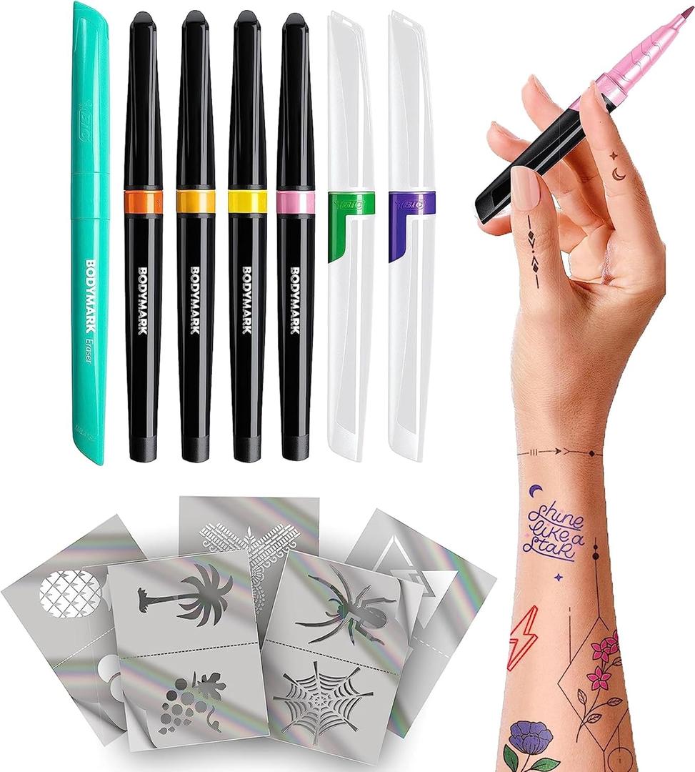 BodyMark Expansion Pack Temporary Tattoo Marker for Skin, Premium Brush Tip, 6 Count Pack of Assorted Colors and Stencils, One Eraser Touch Up Pen, Skin-Safe Temporary Tattoo Markers Set
