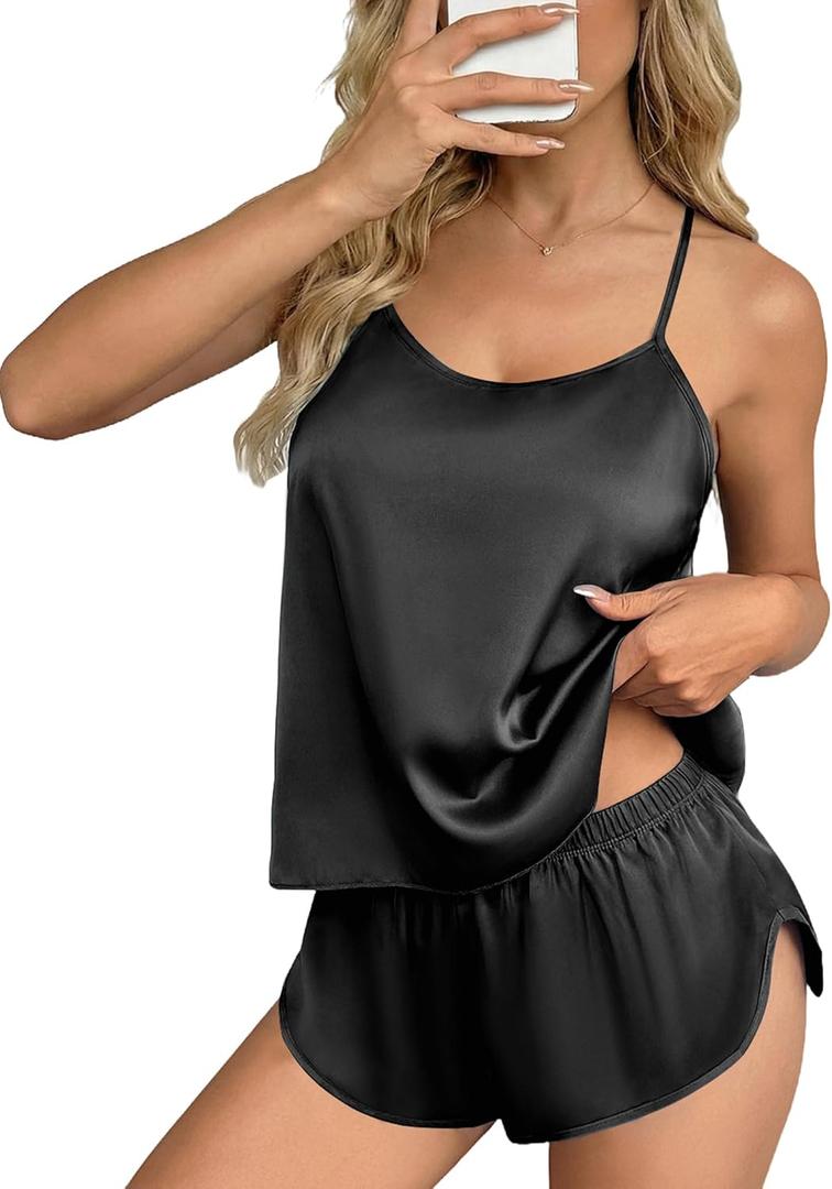 Ekouaer Silk Pajamas Set for Women Satin Backless Lingerie Pjs Cami Top and Shorts Nightwear (Large, Noble Black)