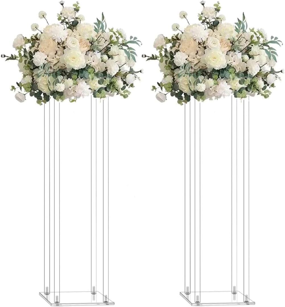 2 Pack 32'' Tall 8'' Dia. Centerpiece Wedding Decoration Modern Tall Vase Elegant Crystal Acrylic Flower Stand Tabletop Display Rack Floral Backdrop Clear Column Pillar Square Props