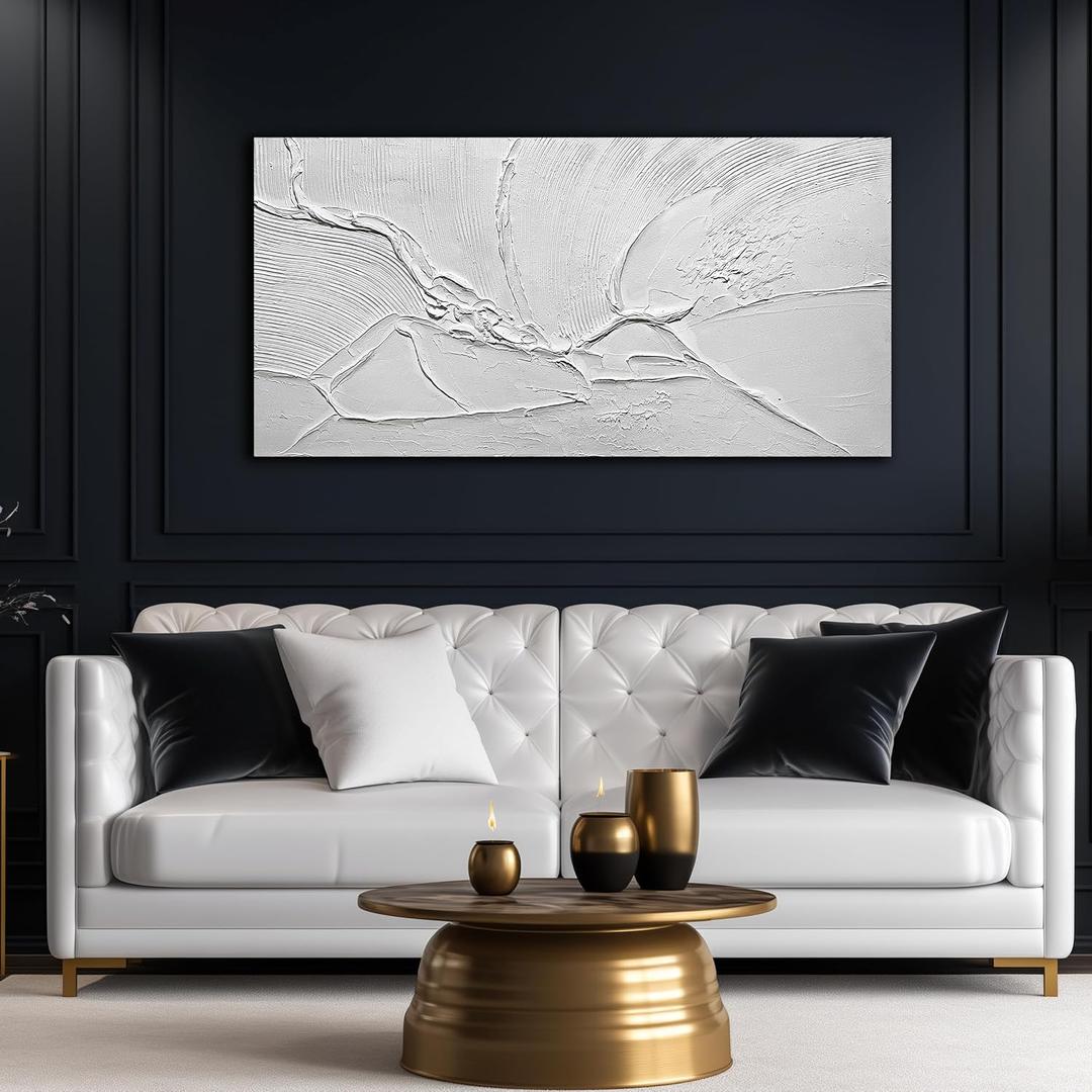 Modern Hand Painted Wall Art for Dining Room White Pictures for Bedroom Abstract Living Room Wall Decor Size 24 x 47 Inch
