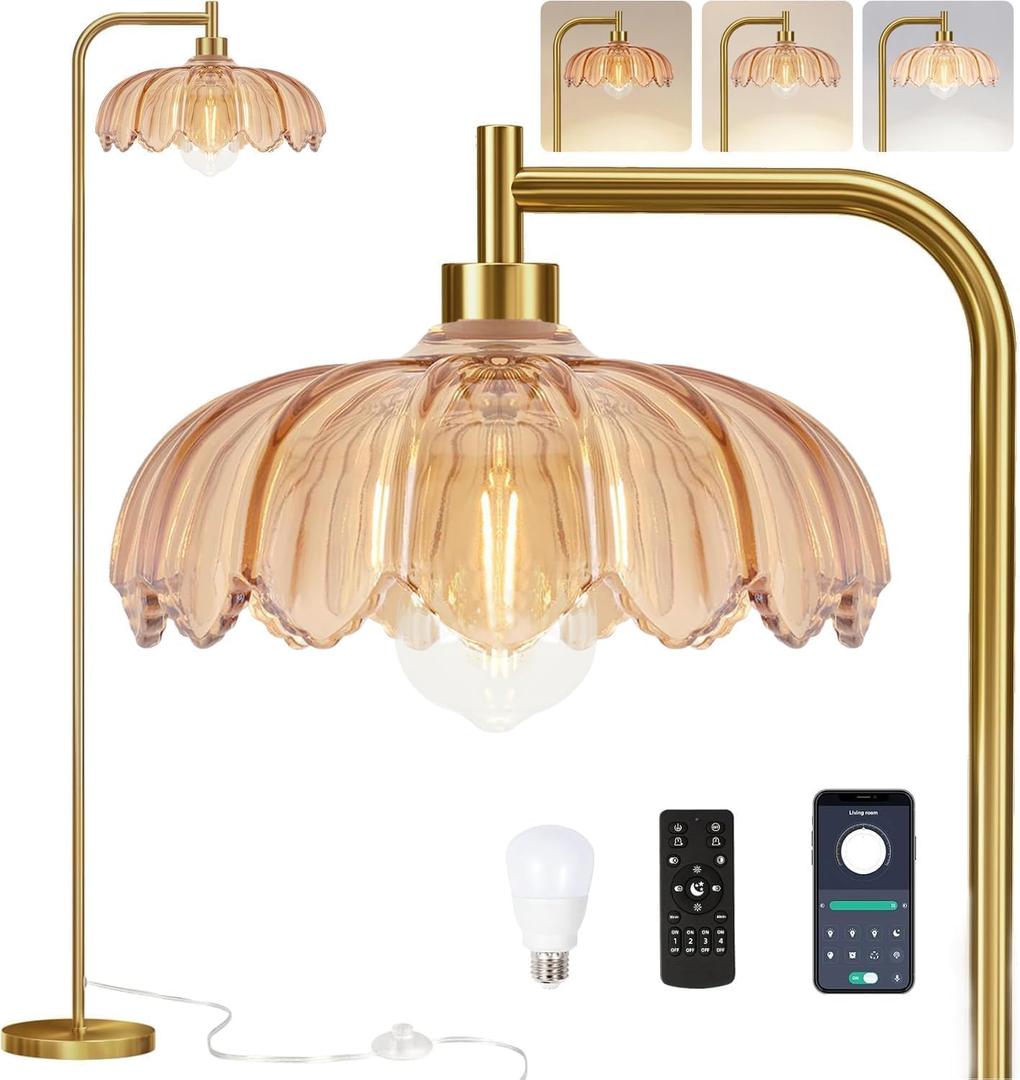 Gold Floor Lamp for Living Room, Bedroom, Mid Century Modern Standing Lamp with Remote, Dimmable Brass Tall Lamp Glass Lamp Vintage Retro Arc Floor Lamps Flower Floor Light Boho Bohemian