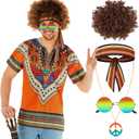 Morph Men's Hippie Costume, 70s Outfit for Adults, Includes Orange Top, Head-tie, Wig, Necklace, Sunglasses (Large)
