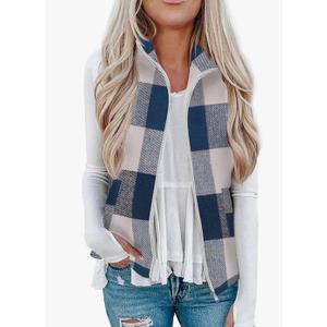 Rapbin Women's Plaid Outerwear Vests Tops Zip Up Collared Sleeveless Jacket with Pockects M