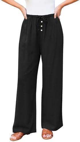 GRAPENT Linen Wide Leg Pants Woman High Waisted Pull On Button Drawstring Baggy Casual Summer Palazzo Pants with Pockets, Small