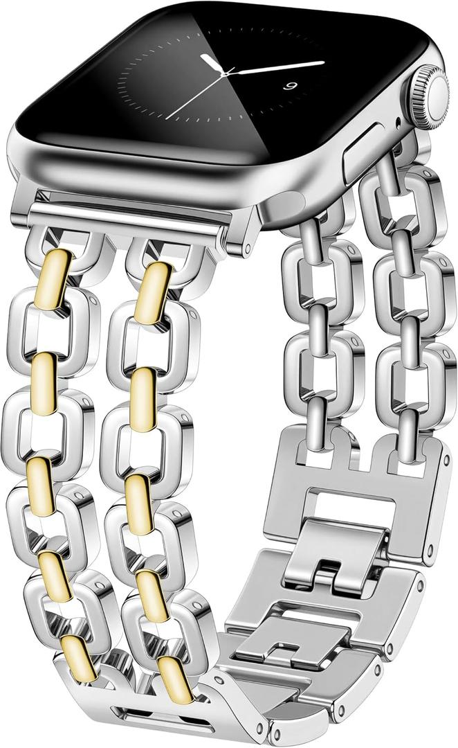 Newlibery Silver Gold Watch Bands for Women Compatible with Apple Watch 38mm 40mm 41mm 42mm (S10/11) Adjustable Metal Strap Dressy Pretty Chain Bracelet for iWatch Series 11/10/9/8/7/6/5/4/SE/3/2/1