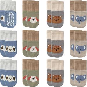 Non Slip Grip Ankle Baby Socks 12 Pack for Toddler Boys and Girls Kids,Infant Cute Cotton Baby Socks (3-5T, Animal5)
