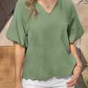 Tankaneo Womens Summer Puff Sleeve Tops V Neck Blouses Casual Tee Shirts (Green, M)