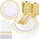 GATHER 350PCS Gold Plastic Plates - White and Gold Disposable Plastic Dinnerware Set Include 50 Dinner Plates, 50 Dessert Plate, 150 Silverware, 50 Napkins, 50 Cups for Party & Wedding