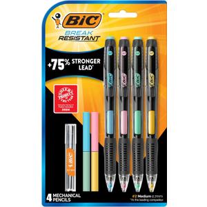 BIC Break Resistant Mechanical Pencils with Erasers, No. 2 Medium Point (0.7mm), 4-Count Pack Pencils for School or Office Supplies, Lead and Eraser Refills