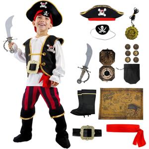 VEXOOM Pirate Costume for Kids,Halloween Boys Pirate Outfit with Accessories Cosplay Party Dress Up Themed Party (Small(5-7 yrs))