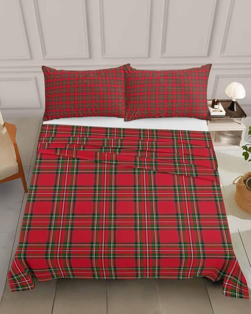 Full Size Top Sheet Only, Christmas Tartan Red Green Plaid Flat Sheet Microfiber Breathable Soft Bed Sheet, Valentine's Day Romantic Stripe Hotel Luxury Bedding Flat Sheets for Bedroom