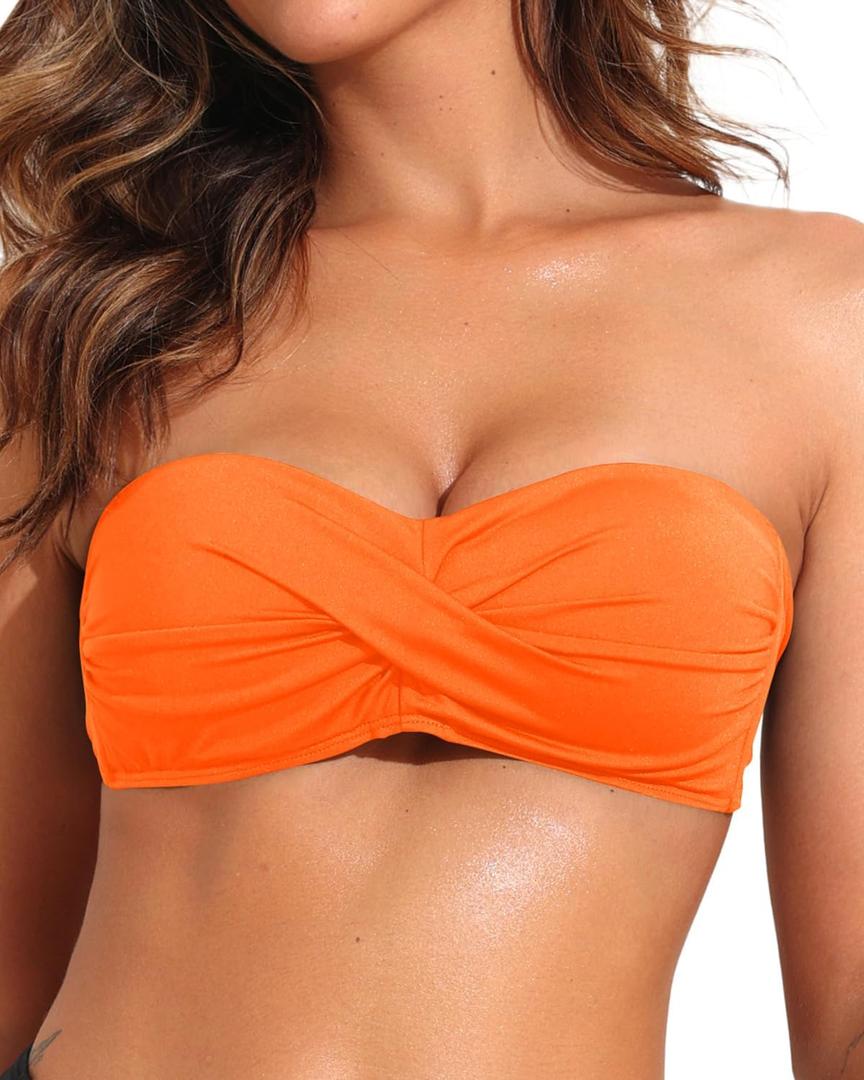 Tempt Me Women Twist Bandeau Bikini Top Strapless Swimsuit Top Only (Small, Orange)