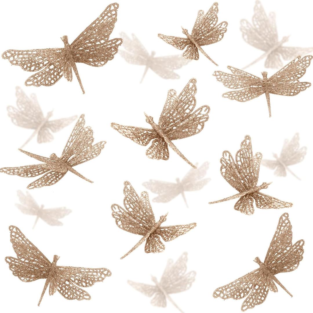 24 Pcs Glitter Dragonfly Decorations, Champagne 3D Dragonfly Wall Decor with Clips Stem for Spring Summer Garden Party Wedding, Glitter Dragonflies for Floral Arrangement DIY Craft