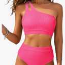 High Waisted Ribbed Bikini Swimsuit - Women Two Piece Bathing Suit One Shoulder Swimwear 2025, Pink, M