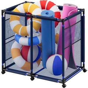 Large Pool Storage Bin, Metal Rolling Float Swimming Equipment Holder Organizer Cart with Mesh, Blue L